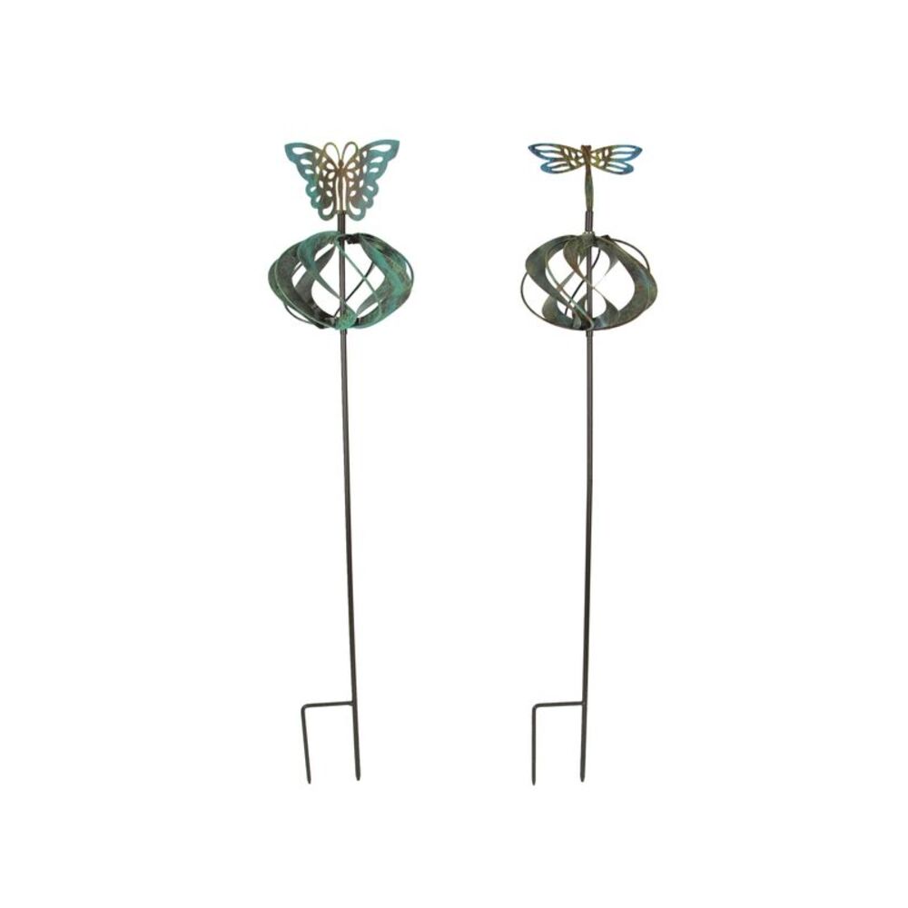 Set of 2 Metal Garden Stake Wind Spinners Kinetic Yard Butterfly Dragonfly
